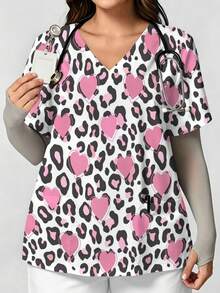 Plus Size Curvy Women's All-Over Print Nurse Top, Casual Loose Short-Sleeve  Work Clothes Pink Hearts And Leopard Print Pattern Stylish Patterned Nurse Top, Perfect For Hospital, Dental, Nursing And Healthcare Staff. - Sayle - View 1