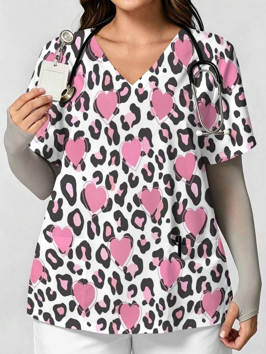 Plus Size Curvy Women's All-Over Print Nurse Top, Casual Loose Short-Sleeve Work Clothes Pink Hearts And Leopard Print Pattern Stylish Patterned Nurse Top, Perfect For Hospital, Dental, Nursing And Healthcare Staff. - Sayle - View 1