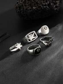 Set de 5 anillos con diseño de pentagrama de estilo punk, para uso casual diario para hombres - Plata antigua - Ver 4