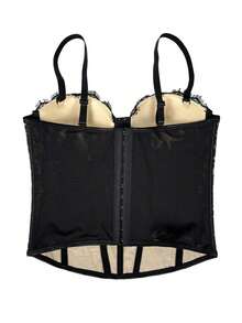 Corsé de encaje negro con adorno floral, prenda moldeadora casual de verano para mujer - Negro - Ver 9