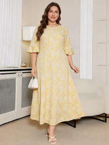 DEARCASE Plus Size Floral Jacquard Ruffle Sleeve Dress Vacation - Yellow - View 1