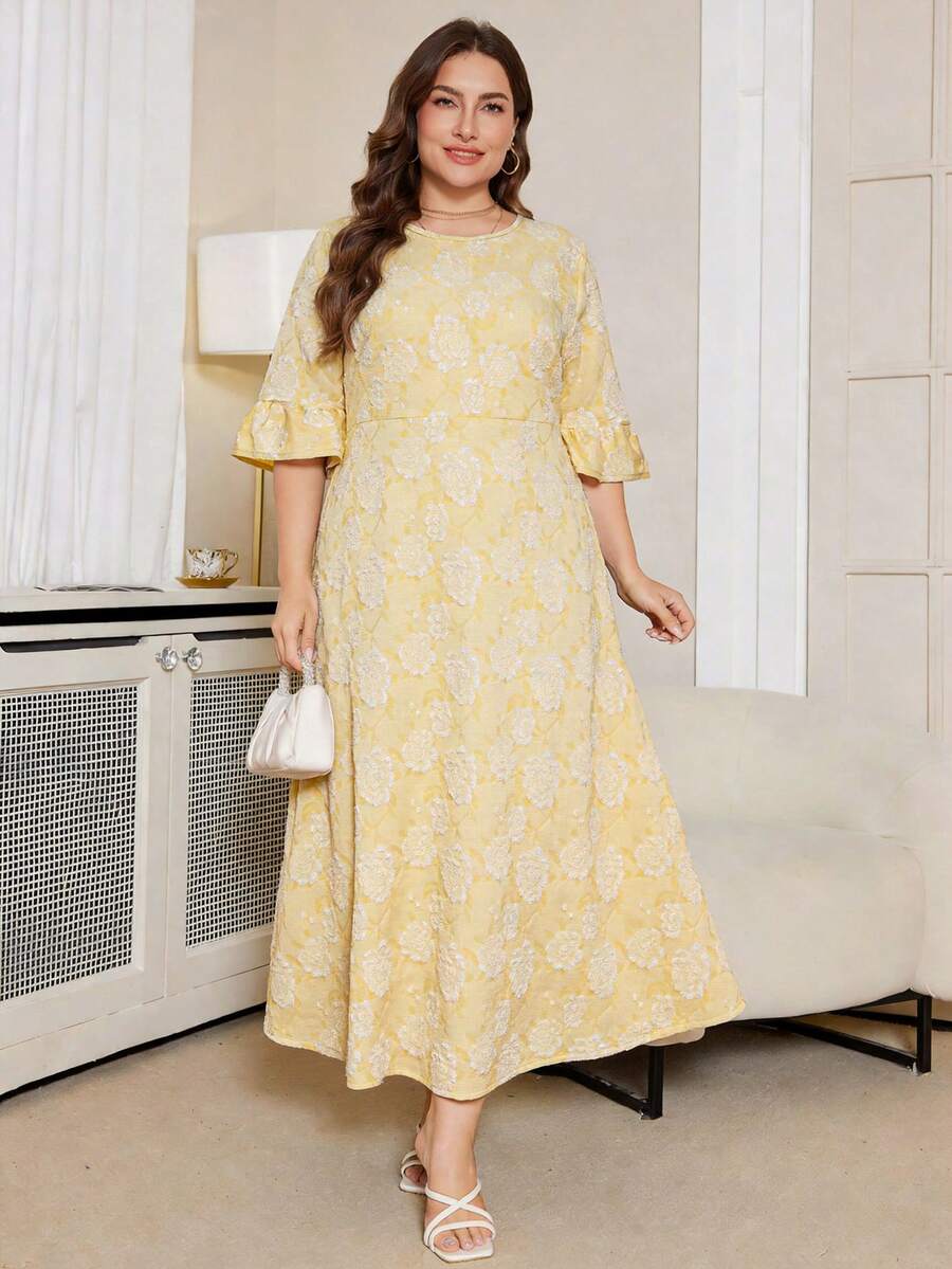 DEARCASE Plus Size Floral Jacquard Ruffle Sleeve Dress Vacation - Yellow - View 1