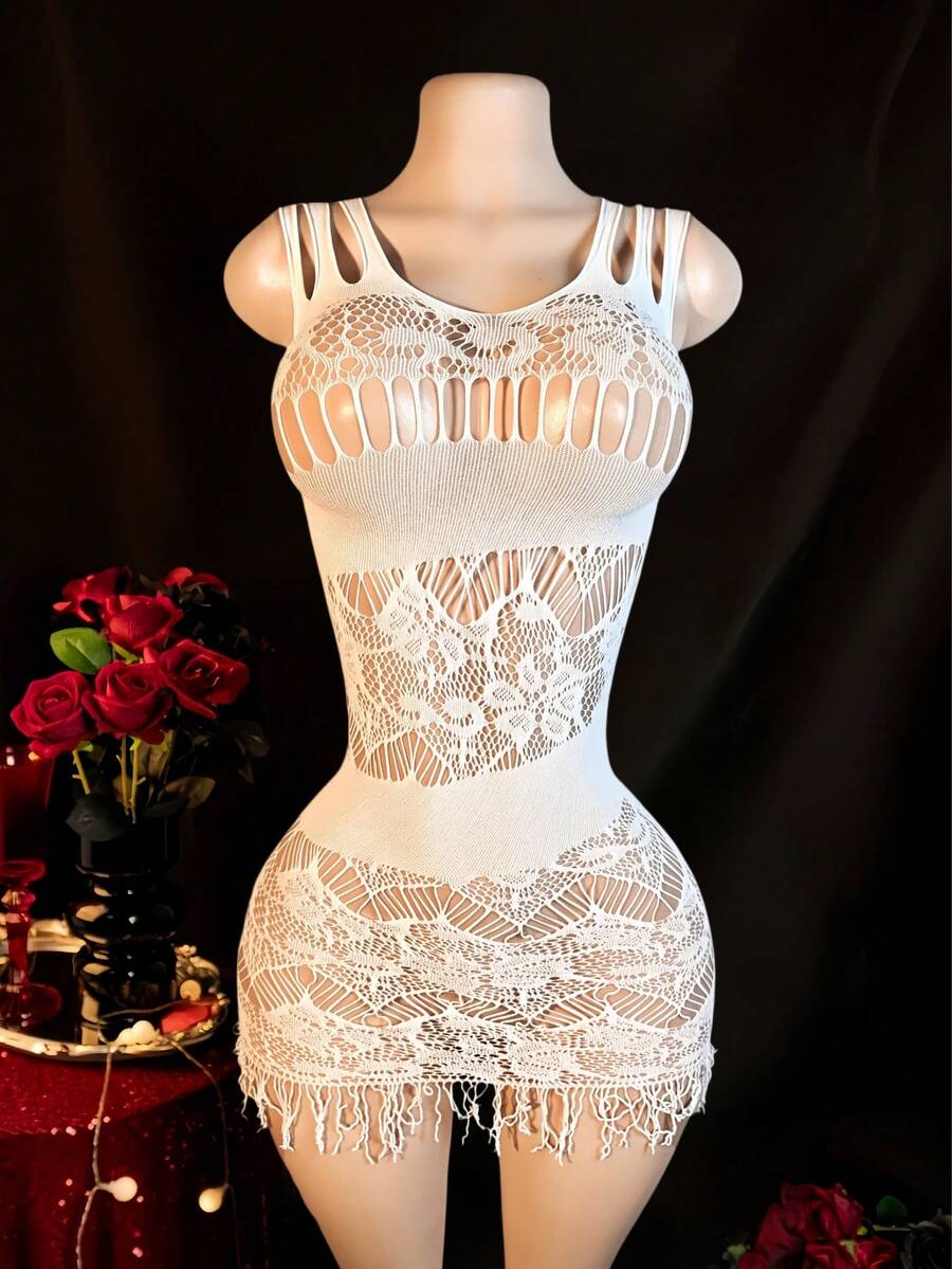 Vestido ajustado de encaje sexy con diseño calado, ajustado y transparente con flecos, adecuado para fiestas en discotecas - Blanco - Ver 1
