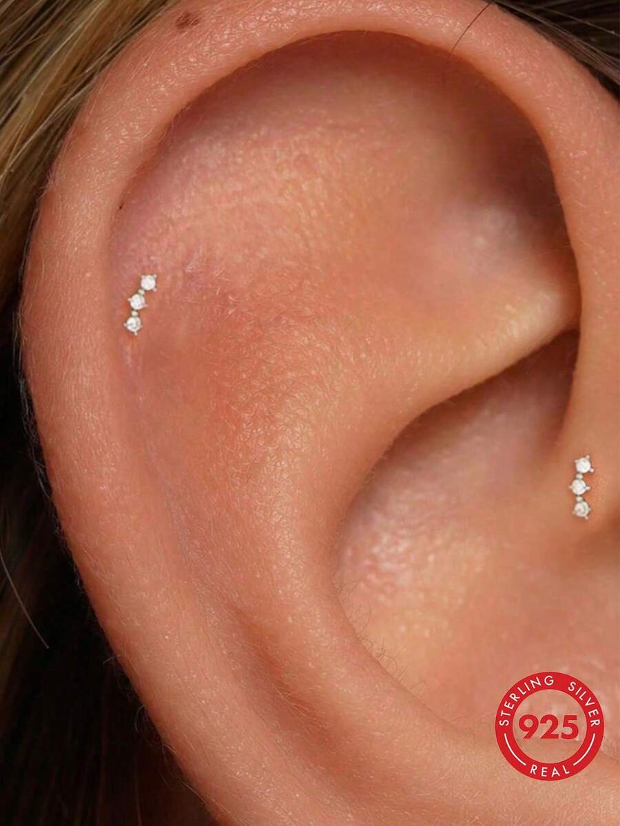 EleRunis 1 đôi bông tai bạc 925 mạ vàng 18K, kiểu cài móng vuốt, thích hợp cho xỏ khuyên xương tai/sụn tai/xoắn tai, trang sức ít gây dị ứng, phù hợp cho phụ nữ và bé gái đeo hàng ngày, dự đám cưới, tiệc tùng, lễ đính hôn. - Bạc - Xem 1