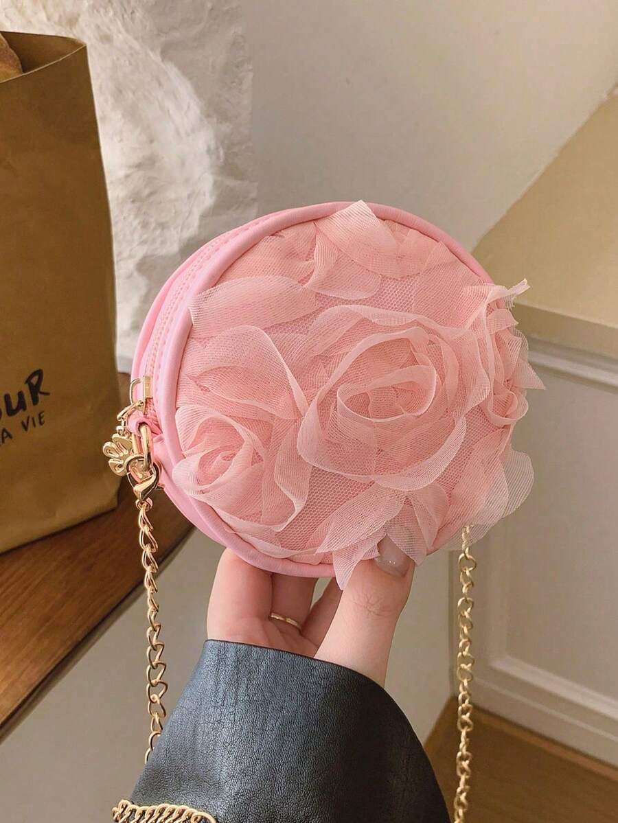 Bolso de mano redondo con flores de encaje 3D de moda, bolso cruzado de hombro con cadena multiusos y único