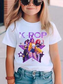 Cotton T-Shirts With Prints For Young Girls, Stylish Printed Clothing, Summer T-Shirts With Colorful Cartoon Characters, Gifts For Fans, Short-Sleeved Crew Neck T-Shirt,  Music T-Shirts For Girls, Children's Clothing, K-Pop Clothing For Girls, Machine-Washable Casual Wear, 180g Pure Cotton T-Shirt, Machine Washable, Suitable For All Seasons, Soft Fabric. 180g Pure Cotton. - 黑色 - 查看 1
