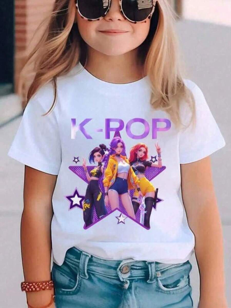 Cotton T-Shirts With Prints For Young Girls, Stylish Printed Clothing, Summer T-Shirts With Colorful Cartoon Characters, Gifts For Fans, Short-Sleeved Crew Neck T-Shirt, Music T-Shirts For Girls, Children's Clothing, K-Pop Clothing For Girls, Machine-Washable Casual Wear, 180g Pure Cotton T-Shirt, Machine Washable, Suitable For All Seasons, Soft Fabric. 180g Pure Cotton. - 黑色 - 查看 1