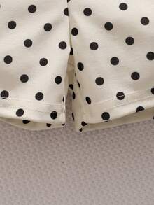 Young Girls' French Sweet Style Black & White Polka Dot Set, Ruffled Sleeve Ribbed Tank Top + Bow Decor Skirt Shorts 2pcs Outfit, Summer Holiday Party - Black - View 9