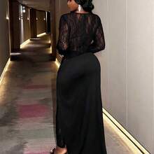 Autumn/Winter New Sexy Party & Birthday Party & Evening & Banquet & Date & Elegant Fitted Solid Black Sheer Lace Long Sleeve Bottom Patchwork Twist Waist Deep V-Neck Maxi Jumpsuit For Plus Size Women Valentine's Day Outfit - Negro - Ver 4