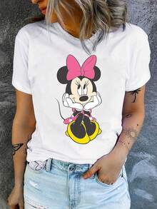 Disney 1件女士迪士尼米妮图案印花短袖T恤，圆领，弹力面料，易护理，适合日常穿着，时尚女士短袖T恤，休闲服饰 - 白色 - 查看 3