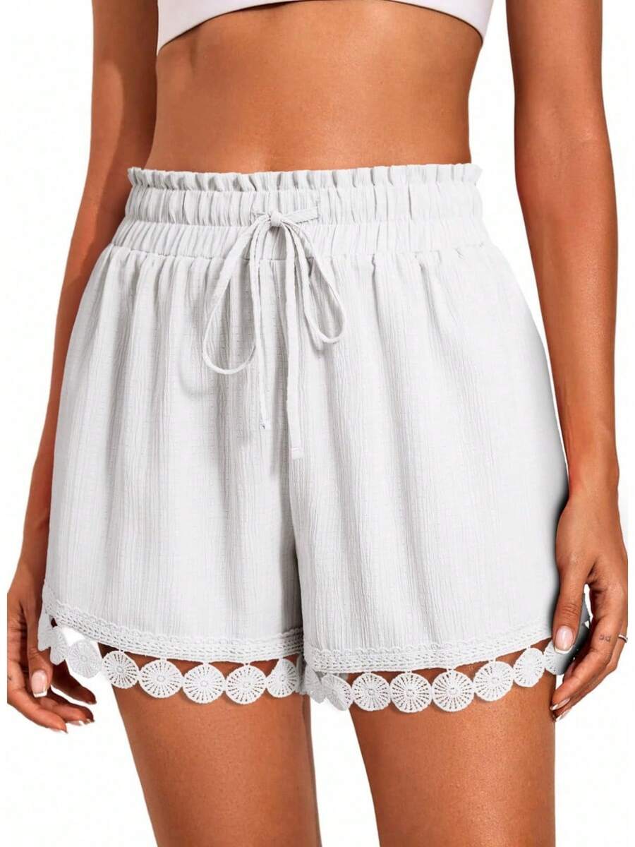 2026 Spring/Summer New Women's Fashion Lace Trim Beach Solid Color Casual Loose Tie Shorts - White - View 1