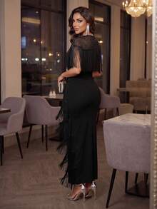 SHEIN Lady Đầm ôm tua rua lưới đính sequin dự tiệc thanh lịch dành cho nữ - màu đen - Xem 2