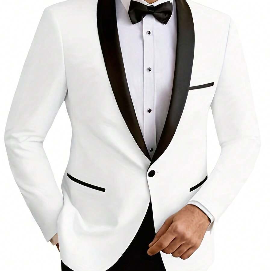 Men'S Elegant Contrast Suit - White And Black Notch Lapel Single-Breasted Blazer, Regular Fit All-Season Formal Attire For Weddings, Business, And Social Events, Wedding Attire, Sophisticated Style, Classic Notch Lapel - 白色 - 查看 1