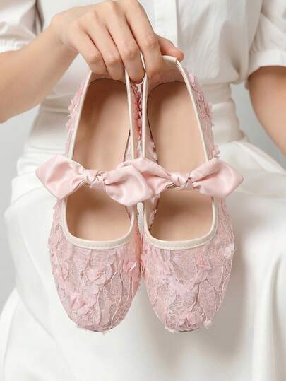 Women's Fashionable Lace Patchwork Mesh Floral Decor Bow Tie Slip-On Square Toe Comfortable Flat Mary Jane Shoes