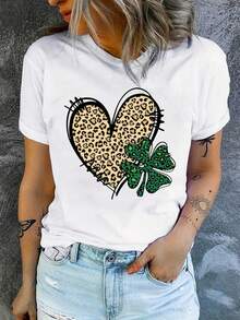 Women's St. Patrick's Day Graphic Print T-Shirt - Leopard Heart And Shamrock Design, Light Gray Casual Short Crew Neck Top, Breathable Spring Summer Tee, Machine Washable, Ladies T-Shirt, Seasonal Fashion, Top, Comfortable Fit, Printed T-Shirt, Dahoppers - 白色 - 查看 1