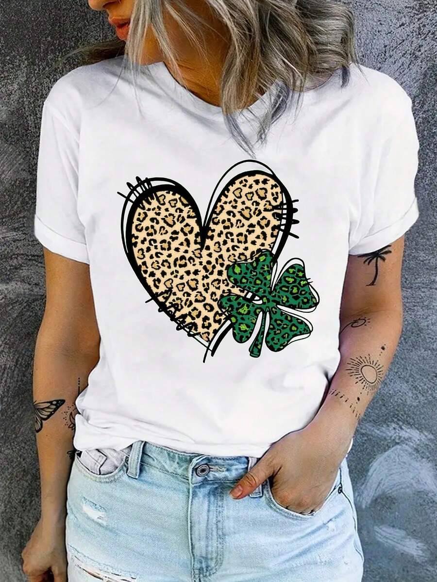 Women's St. Patrick's Day Graphic Print T-Shirt - Leopard Heart And Shamrock Design, Light Gray Casual Short Crew Neck Top, Breathable Spring Summer Tee, Machine Washable, Ladies T-Shirt, Seasonal Fashion, Top, Comfortable Fit, Printed T-Shirt, Dahoppers - 白色 - 查看 1