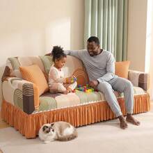 Sillón, sofá para 1, 2 o 3 personas: Funda de sofá con estampado geométrico y falda. Funda elástica para sofá. Protector de muebles lavable y antideslizante. Suave cubierta para sala de estar. - Naranja - Ver 10