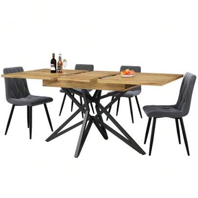 Dining Table Set (120/160 * 68 Cm Dining Table With 4 Chairs), Extendable Dining Table, Modern Kitchen Dining Table Set, Dining Chairs, Dark Gray Kitchen Chairs In Diagonal Patterned Velvet, Black Table Legs