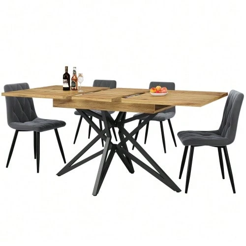 Dining Table Set (120/160 * 68 Cm Dining Table With 4 Chairs), Extendable Dining Table, Modern Kitchen Dining Table Set, Dining Chairs, Dark Gray Kitchen Chairs In Diagonal Patterned Velvet, Black Table Legs - Natural Color - View 1