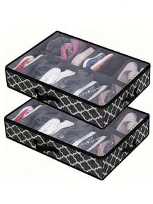 Sturdy Under Bed Shoe Storage Organizer, Set Of1/ 2, Fits Total 12/24 Pairs, Underbed Shoes Closet Storage Solution With Clear Window, Breathable, 29.3"X23.6"X5.9", Under-Bed Storage - 黑色線條 - 查看 8