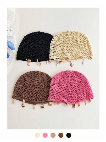 Mũ len dệt tay kiểu Bohemian rỗng ruột, khăn trùm đầu dệt rỗng thời trang dành cho nữ, phụ kiện trang phục mùa xuân, mũ dệt mang phong cách cổ điển cho sử dụng hàng ngày và kỳ nghỉ.