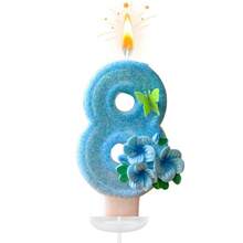 创意畅销0-9数字字母生日蜡烛，手工DIY生日蛋糕，节日主题派对装饰蜡烛，浅蓝色、绿色蝴蝶花、桃花、闪光、彩色绘画，优雅，婚礼，生日庆祝，周年纪念派对蜡烛 - 淺藍色三花拼蝴蝶 - 查看 9