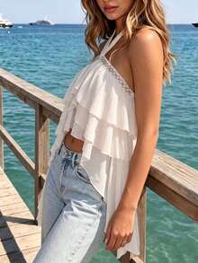 Women's Elegant Cream Crossover Neck Ruffle Hem Cropped Top, Bohemian Style Summer Vacation Blouse - Apricot - View 3