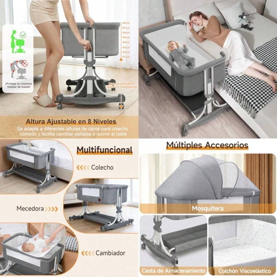 Muja 3 en 1 Cuna para Bebe Multifuncional Colecho para Bebe Cuna con Mosquitero Portátil Ajustable Convertible a Mecedora Rueda Silenciosa Cesta de Almacenamiento Modelo A - Gris - Ver 1
