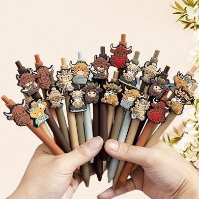 1Pc/5/10 Pcs Cute Highland Cow Printed Pens Black Ink Retractable Highland Cow Pen Set Cartoon Highland Cow Gift Set School Home Office Stationery Theme Holiday Gifts Accessories Gifts For Colleagues