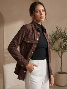 ACME MADE IN CHINA Premium Brown Suede Blouse/Shirt, Elegant Style, Gold Buttons, Chic Style, Winter , Sizes 36-44 - 咖啡店 - 查看 5