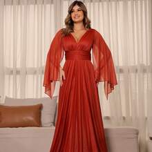 Luxury Long Dress With Flowing Sleeves And Deep Neckline – Timeless Elegance And Sparkle For Parties* - 亮橙色 - 查看 8