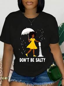 Women's Funny Graphic T-Shirt "Don't Be Salty" - Soft And Breathable Lightweight Short Sleeve Crew Neck T-Shirt With Umbrella And Raindrops - Uni Slogan - 黑色 - 查看 1