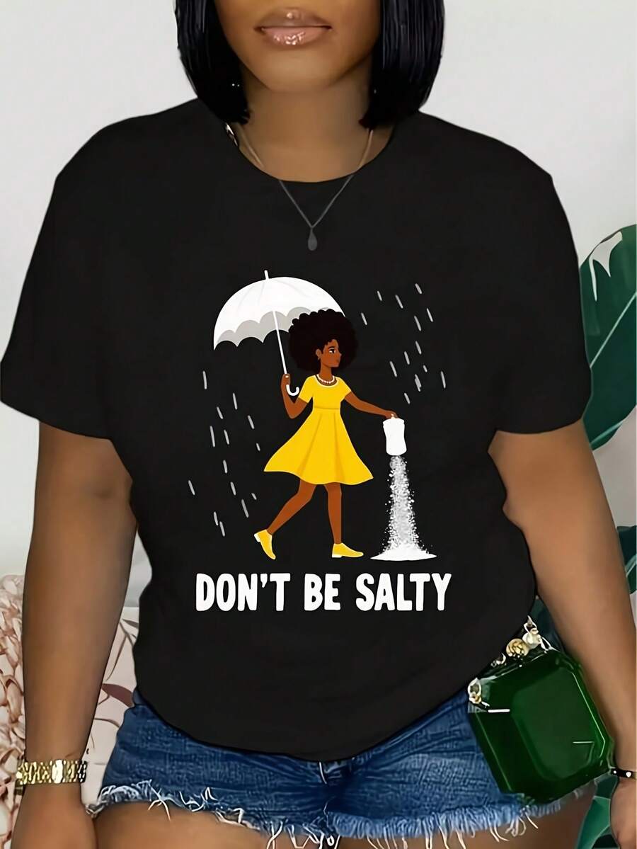 Women's Funny Graphic T-Shirt "Don't Be Salty" - Soft And Breathable Lightweight Short Sleeve Crew Neck T-Shirt With Umbrella And Raindrops - Uni Slogan - 黑色 - 查看 1