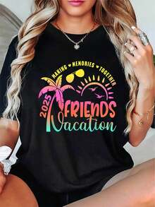 Women'S Round Neck Short Sleeve T-Shirt With A Beach Pattern For Best Friends During Spring Break. - Black - View 1