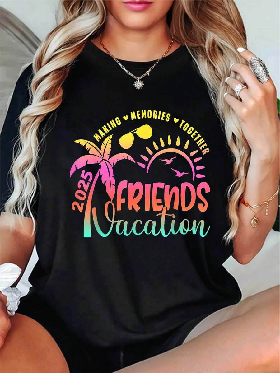 Women'S Round Neck Short Sleeve T-Shirt With A Beach Pattern For Best Friends During Spring Break. - Black - View 1