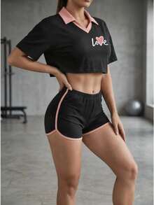 Conjunto de sudaderas de cuello polo de doble color para mujeres deportivas y de ocio, tejidos estampados elásticos, sastrería, adecuado para la temporada de primavera y verano, - Negro - Ver 2