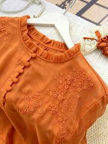 Women's Casual Embroidered Loose Bohemian Retro Mid-Sleeve Blouse, Solid Color, Summer/Autumn - Orange - View 2