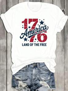 1 Camiseta "American Freedom 1776", Cuello Redondo, Blanca, para Mujer, Camiseta con Gráfico "America 1776" – Estilo Vintage Desgastado y Estrellas, Cuello Redondo, Top Casual para el 4 de Julio, Transpirable y Amigable con la Piel - Blanco - Ver 6
