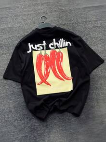Áo thun nam Fractyr "Just Chillin" in hình ớt trước và sau, chất liệu mềm mại, màu đen mài, phong cách đường phố thường ngày, họa tiết thực phẩm cổ điển. - màu đen - Xem 4