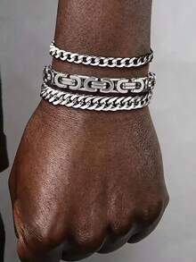 3pcs/Set Men's Stainless Steel Simple Fashion Link Chain Bracelet, Daily Wear Bracelet - Silver - View 2