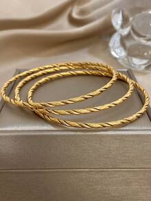 18K Gold Plated Stainless Steel Elegant Wavy Twisted Rope Bangle Bracelet Set, Casual Jewelry For Women Ladies, Summer Bohemia Beach Jewelry, Vacation Season, Gifts For Mom, For Daily Party Dates Gala Wedding Valentine Anniversary Music Festival Christmas, Dates, Easter Day - Multicolor - View 6
