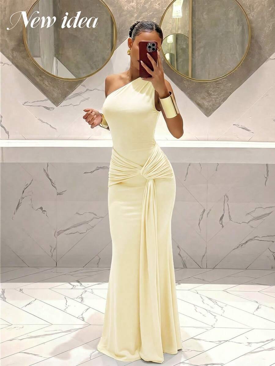 NEW IDEA 女款 2026 春夏新款優雅性感淡黃色露肩美人魚長洋裝，抓皺貼身晚禮服配腰部打結設計，適合正式場合、派對、晚餐、約會等 - 淡黃色 - 查看 1