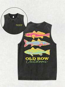 Men's Casual Summer Washed Cotton T-Shirt Old Row Outdoor Fish Print, Round Neck Short Sleeve Lightweight Knitted Fabric, Rib Details 100% Cotton - 黑色背心 - 查看 6