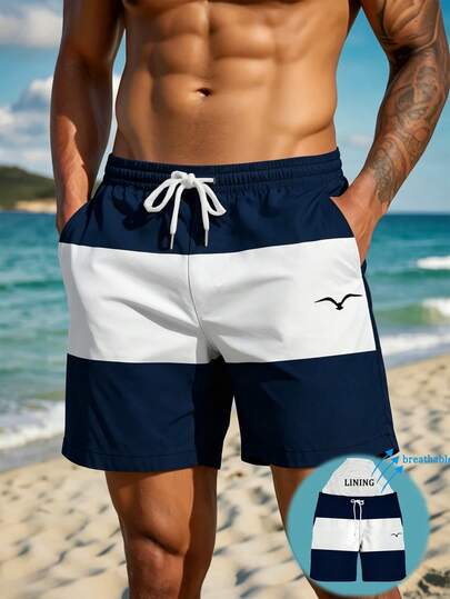 Shorts masculinos com estampa, cordão na cintura, bolsos laterais, secagem rápida, dupla camada de tela, estilo Havaiano, estampa colorida de gaivota 3D, moda casual estilo resort de praia, sunga