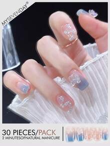 30pcs Square Short Acrylic Nail Tips, Icy Fog Blue Gray Gradient Butterfly Rhinestone Nail Stickers - 彩色 - 查看 3