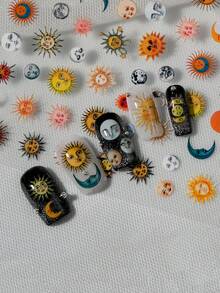 1pc Vintage Mysterious 3D Nail Art Sticker, Featuring Retro Sun And Moon Totem Design, Suitable For Vintage Outfits, Mysterious Styles, Personalized Nail Art, Subculture Scenes, Ideal For Subculture Enthusiasts, Vintage Lovers, Students, Nail Art DIY Beginners, Niche Style Girls Nail Stickers - Multicolor - View 7