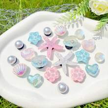 20pcs White Ocean Series Shoe Charms, Shells, Starfish, Bows DIY Accessories, Charm Set For Perforated Slippers - Blue Pink - View 7