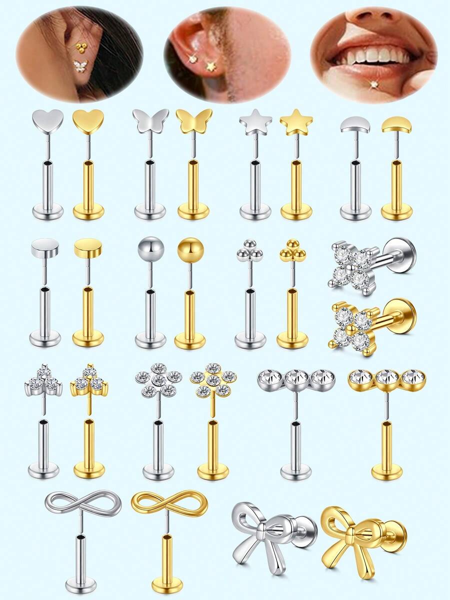 1 chiếc khuyên tai sụn 16G 20G, khuyên tai vành tai, trang sức xỏ lỗ tai bằng thép không gỉ 316L, khuyên tai sụn không ren, khuyên tai dạng phẳng có chốt đẩy, trang sức xỏ lỗ tai cho nữ, khuyên tai thời trang hình trái tim/bướm/sao/trăng/phẳng/hình cầu/hoa, đính đá CZ nhiều màu. - Nhiều màu - Xem 1