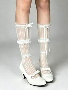 2pcs/Set Summer Korean Style Polka Dot Ankle Socks + White Lace Bow Leg Warmers, Thin Layered Ballet Ruffle Leg Warmers, Suitable For Y2K Daily/Date/School Outfits - Multicolor - View 13