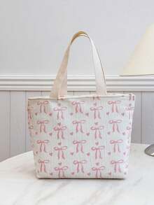 Fashionable Portable Tote Bag Thickened Cute Bow & Heart Print Handbag Travel Bag - Beige - View 5